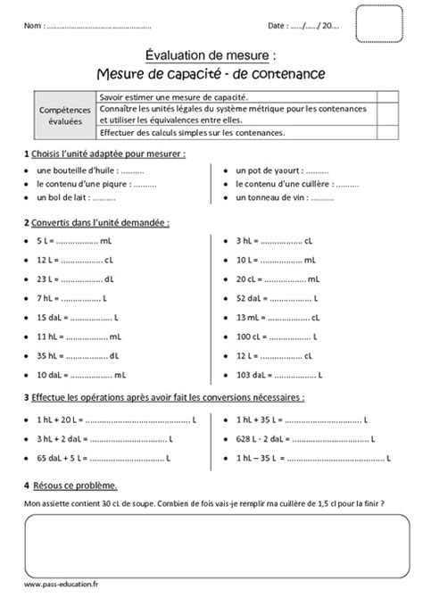 Mesure De Capacit Et De Contenance Cm Bilan Pass Education