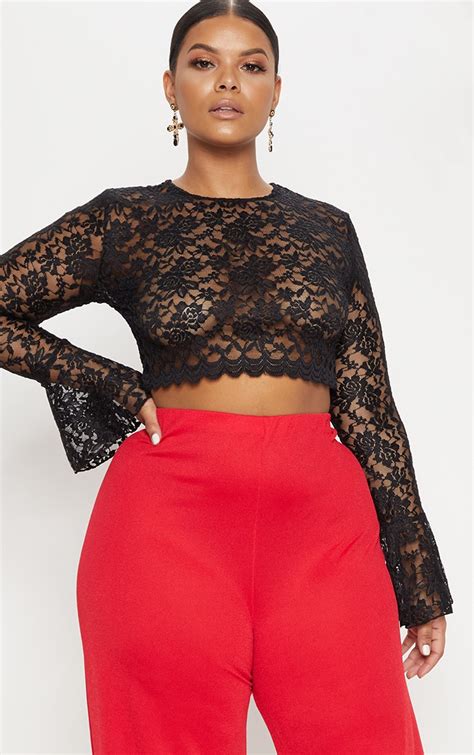 Plus Black Sheer Lace Crop Top Plus Size Prettylittlething Aus