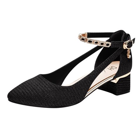 Spring And Summer Shallow Mouth Women Single Shoes Thick Heel Buckle Pointed Toe Shoes Metal