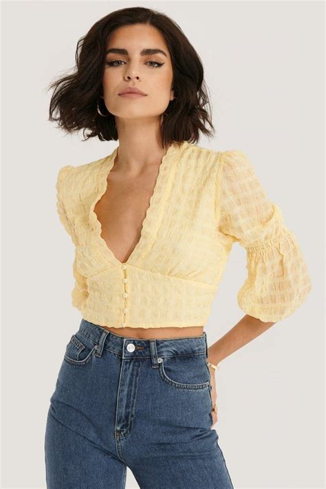 V Shape Flowy Puff Sleeve Blouse Yellow Puff Sleeve Blouse Blouse