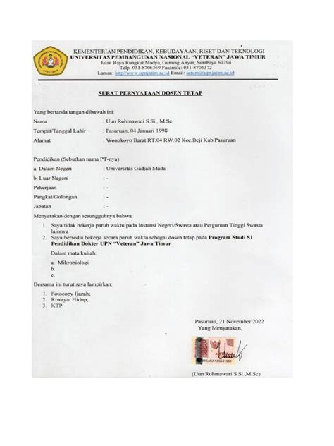 Surat Pernyataan Dosen Upn Pdf