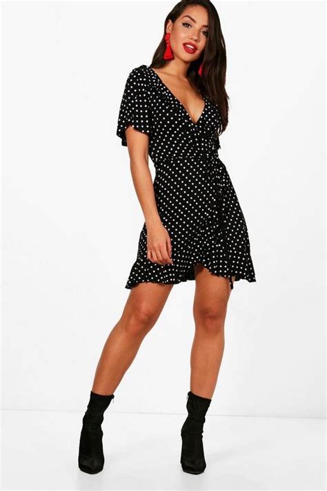 Womens Wrap Polka Dot Print Frill Detail Tea Dress Boohoo Uk