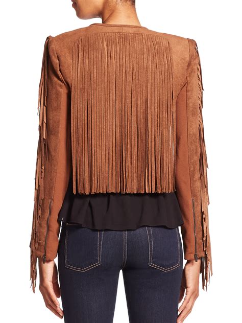 Lyst Bcbgmaxazria Farrell Cropped Faux Suede Fringe Jacket In Brown