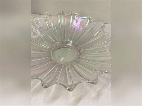 VINTAGE FEDERAL GLASS CELESTIAL CLEAR IRIDESCENT CARNIVAL GLASS DISH 9