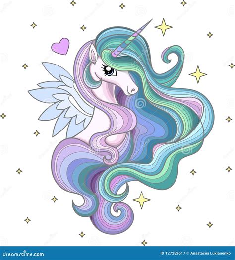 A Beautiful Rainbow Unicorn With A Long Mane Among The Stars Stock