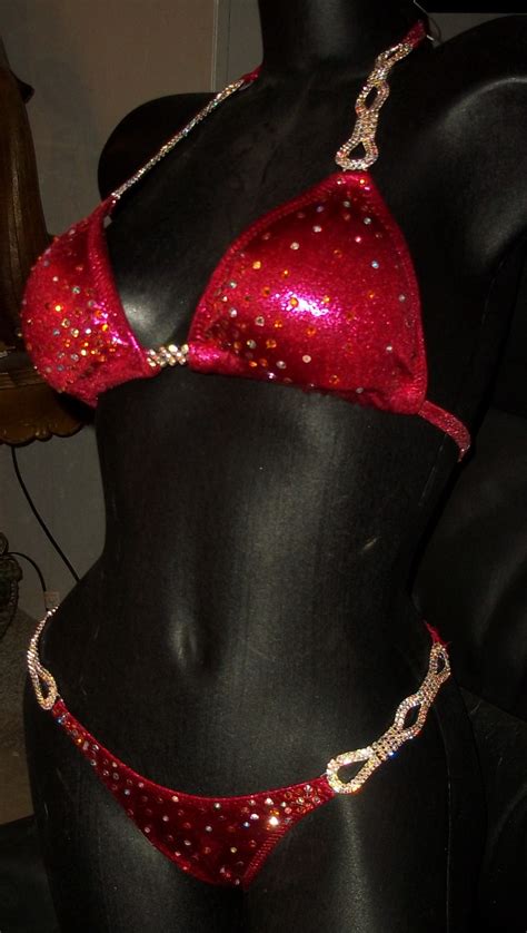 Style Pink Metallic Competition Bikini With Rhinestone Connectors