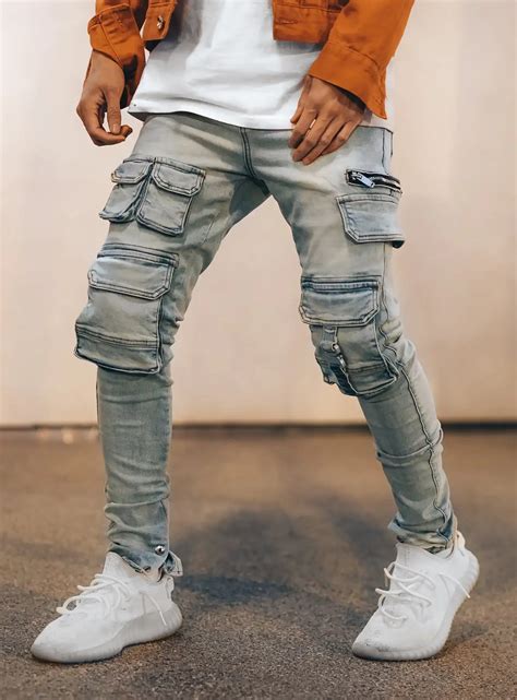 Diznew High Quality Men Denim Cargo Jeans Pants Fashion Custom Logo Summer Streetwear Blue Slim