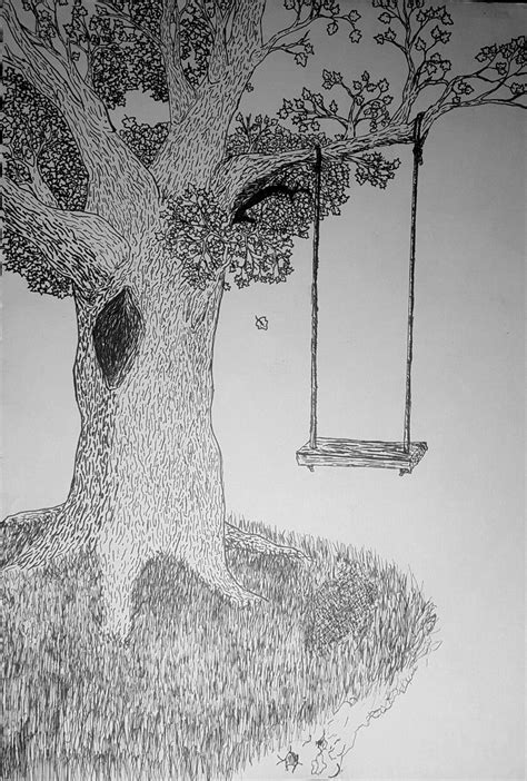 Pen Drawing Tree Swing Tree Drawing Tree Sketches Illustration Art