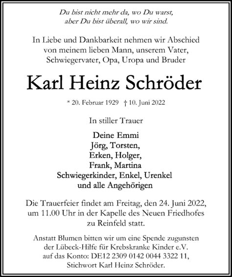 Traueranzeigen von Karl Heinz Schröder trauer anzeigen de