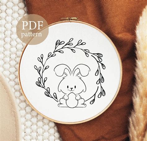 Floral Outline Bunny Embroidery Design Cute Rabbit Etsy Bunny