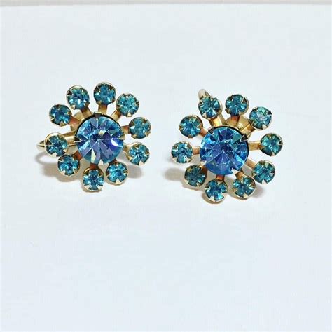 Gorgeous Vintage Light Blue Rhinestone Gold Tone Screwback Earrings Ebay