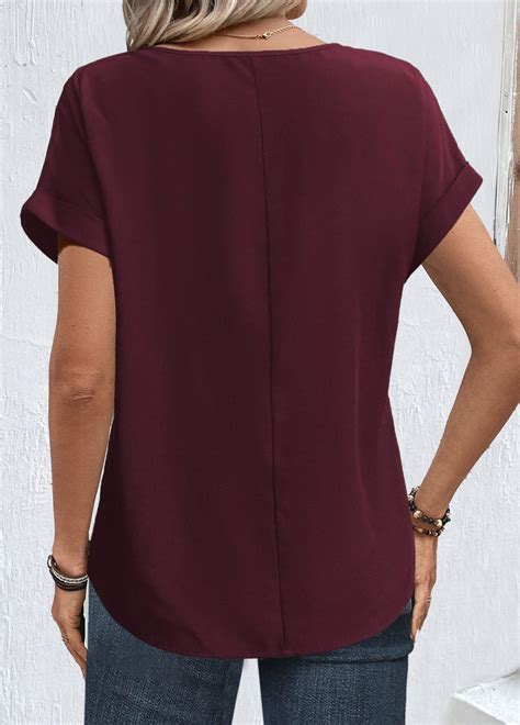 Wine Red Zipper Short Sleeve Round Neck Blouse Modlily USD 31 98