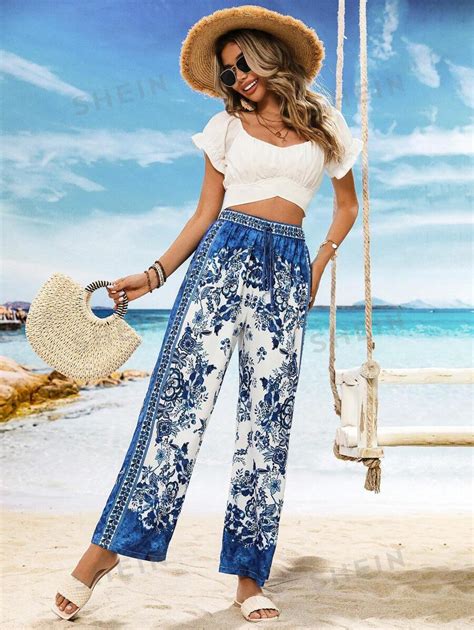 Shein Vcay Women Vacation Floral Print Loose Fit Wide Leg Pants With