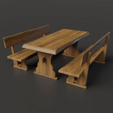 Rustic Wooden Table And Benches Outdoor Furniture Models Blenderkit