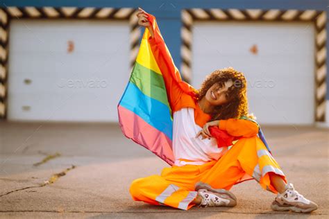 American Lesbian Woman Holding Lgbt Rainbow Flag Concept Of Happiness