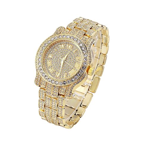 Watch Mens Fully Bling Lab Diamond Gold Finish Analog Watches For Men