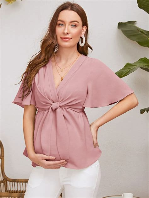 SHEIN Maternity Flutter Sleeve Tie Front Peplum Top In 2024 Maternity