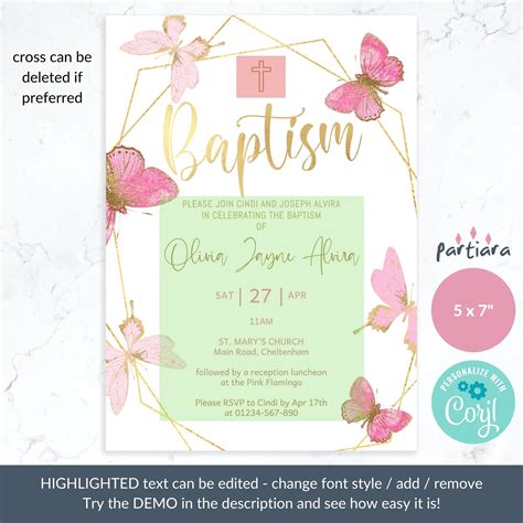 Baptism Invitation Girl Editable Butterflies Template Diy Etsy