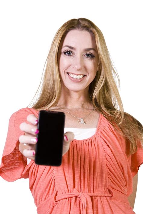 Beautiful Woman Holding A Cell Phone Stock Image Image Of Isolate