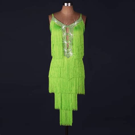 Neon Green Rhinestones Handmade Layers Tassels Competition Professional