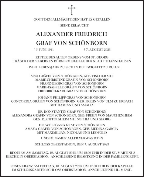 Traueranzeigen Von Alexander Friedrich Graf Von Sch Nborn Sz Gedenken De