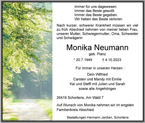 Traueranzeigen Von Monika Neumann Nordwest Trauer De