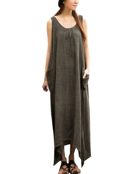 Summer Zanzea Women Casual Loose Sleeveless Long Dress Vintage Pockets