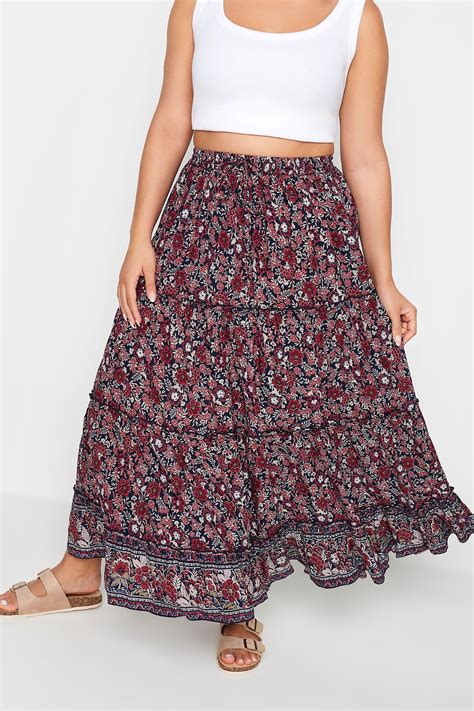 Yours Plus Size Red Floral Print Tiered Maxi Skirt Yours Clothing