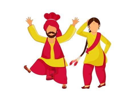 Premium Vector | Cartoon punjabi couple doing bhangra dance in red and yellow color attire.