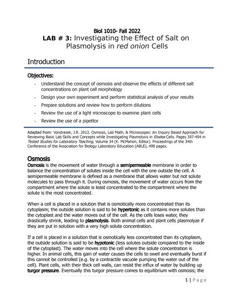 Lab 3 Osmosis Introduction And Protocol F2022 Biol 1010 Fall