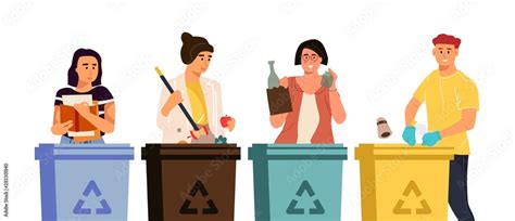 Recycling characters. Cartoon men and women putting trash in different ...