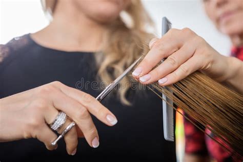 O Cabelo Do Cliente Do Corte Do Barbeiro No Salão De Beleza Imagem de