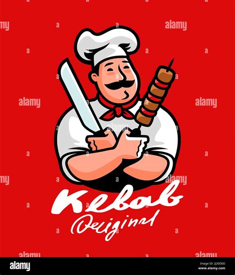 Funny Chef cooking kebab cartoon character. Arabic cuisine logo. Fast ...