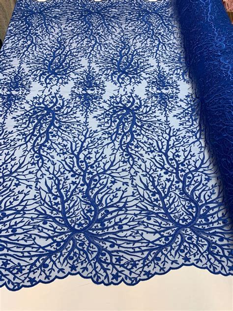 Royal Blue Floral Lace Fabric Sold By The Yard Mesh Lace Etsy