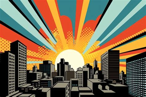 Premium Ai Image Comic Retro Pop Art Style Sunrise In The City