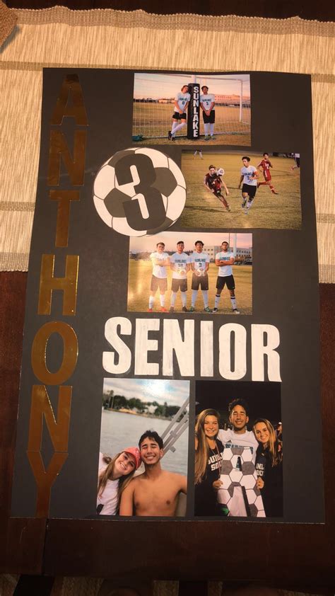 A Sign That Has Photos On It And The Words Senior Spelled Out In Gold