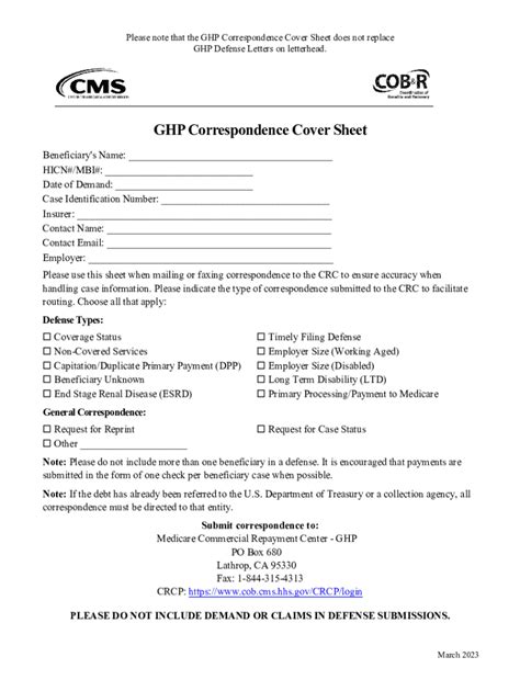 Fillable Online GHP Correspondence Cover Sheet CRC March 2023 GHP