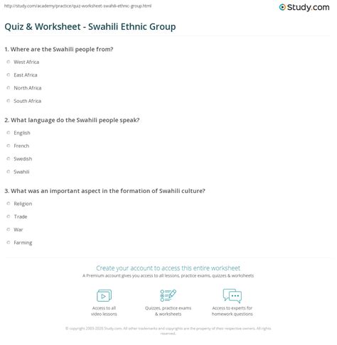 Quiz Worksheet Swahili Ethnic Group Study