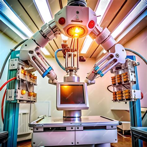 A futuristic medical robotic arm with multiple joints and a screen