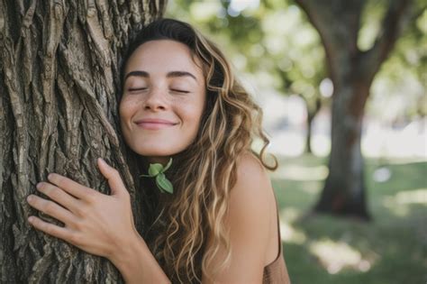 Mulher feliz abraçando uma árvore em um parque os olhos fechados