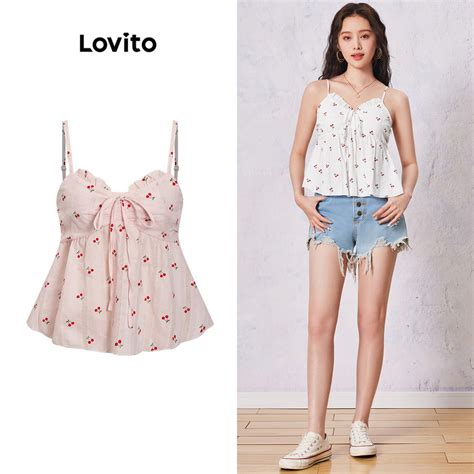 Lovito Casual Ditsy Floral Drawstring Ruffle Embroidery Tank Top For