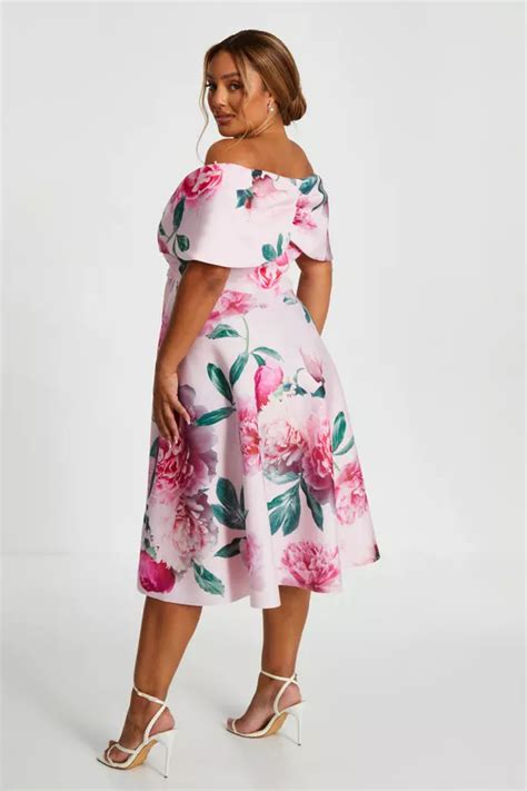 Curve Pink Floral Bardot Skater Midi Dress Quiz Clothing