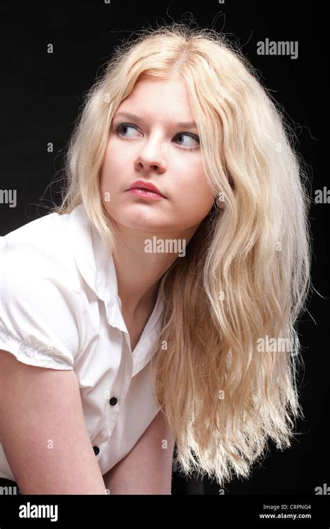 Portrait Of Beautiful Blonde Woman Black Background Stock Photo Alamy