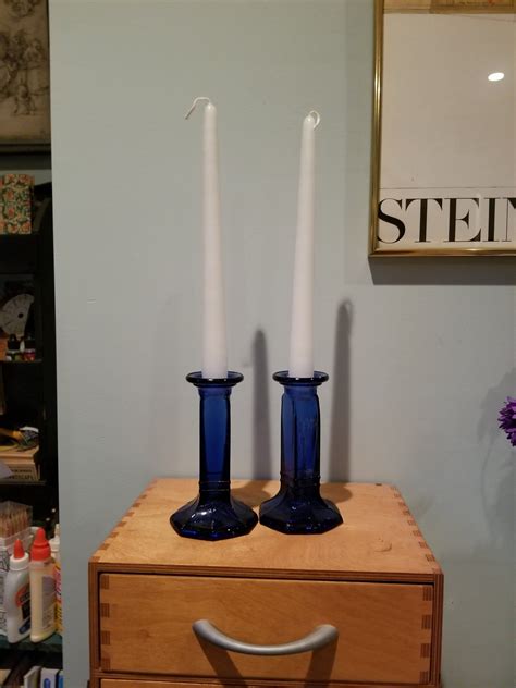 Cobalt Blue Candlesticks Vintage Glass Candlestick Pair Blue Etsy