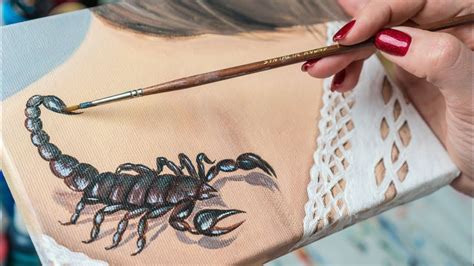 Girl With Tattoo Of Scorpion Acrylic Painting Homemade Illustration