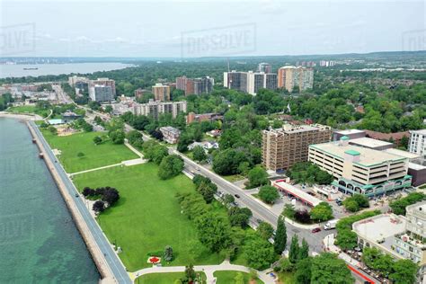 An aerial of the waterfront in Burlington, Ontario, Canada - Stock Photo - Dissolve