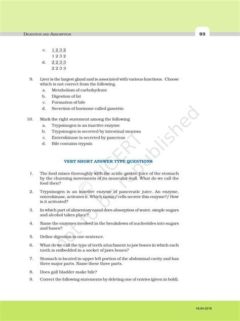 Ncert Exemplar Book For Class 11 Biology Chapter 16 Digestion And Absorption