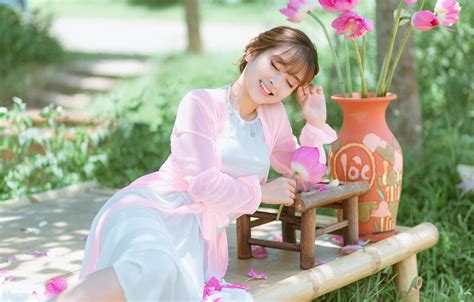 Wallpaper Girl Flowers Nature Face Pose Makeup Garden Asian For