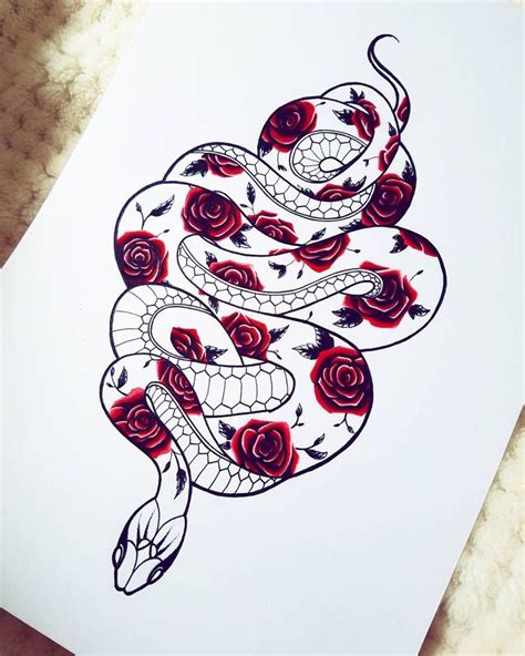 A Drawing Of A Snake With Roses On It