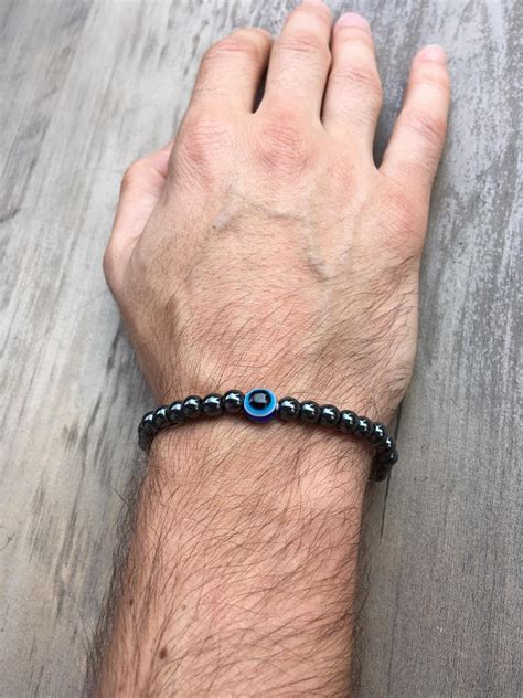 Hematite Bead Evil Eye Bracelet For Men Women Hematite Evil Etsy